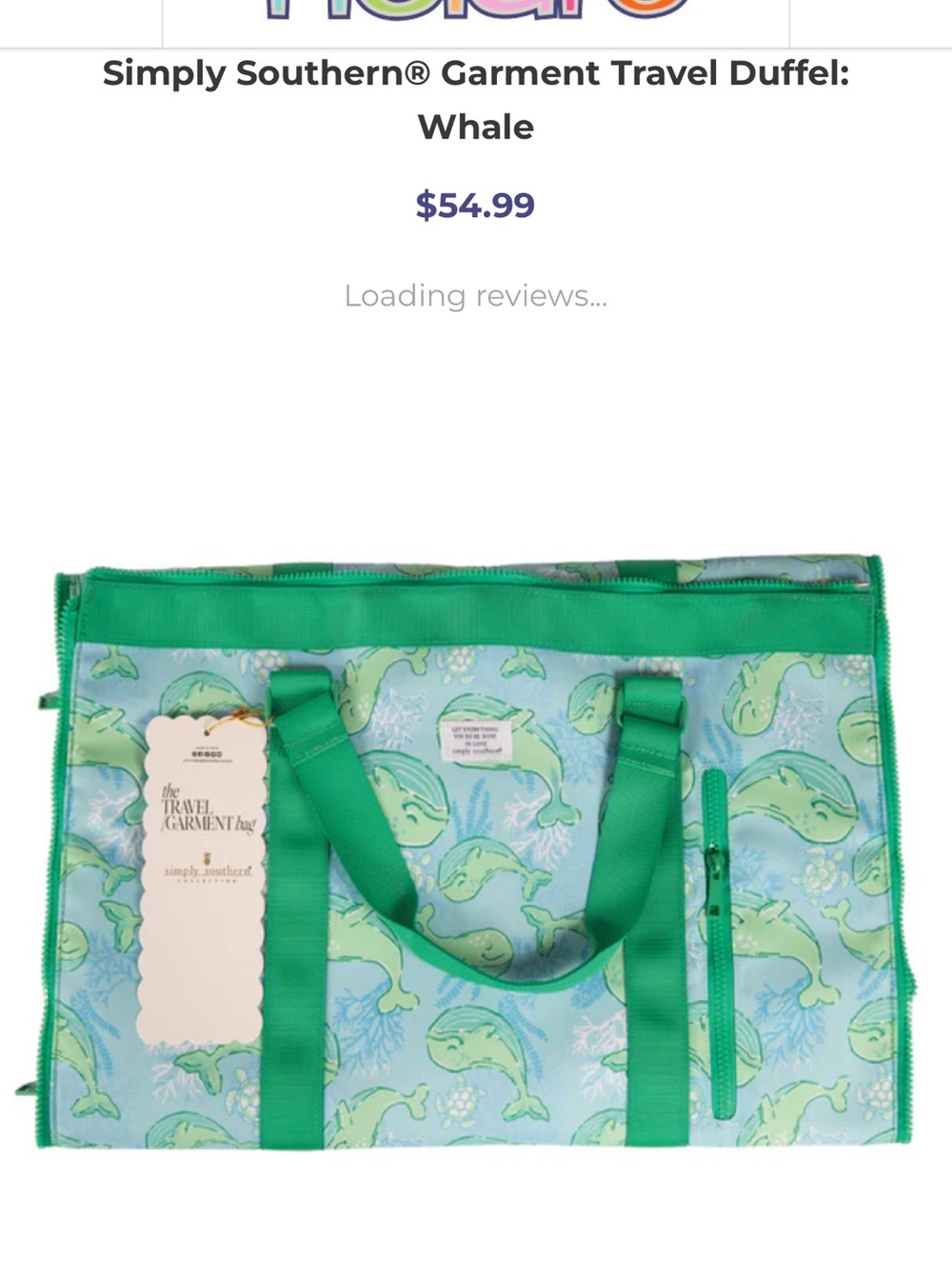 Simply Southern Green & Light Blue Whale Garment Travel Duffel